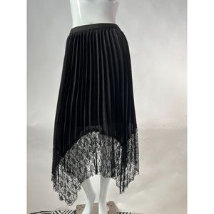 Mega Wear Lace Trim Pleated Asymmetrical Skirt  M Black  Pleated with Lace Polye
